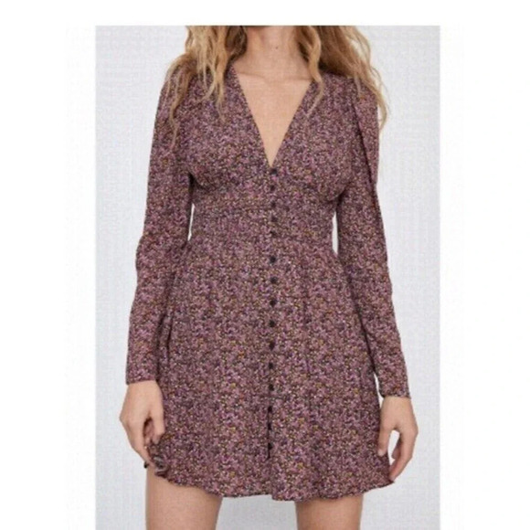 NWOT Zara Ditsy Floral Print Smocked Waist Mini Dress Size M (N18) - Picture 2 of 10